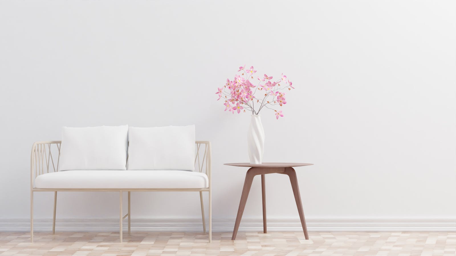 Elegant minimalist living room featuring a cozy sofa and table with floral decor.