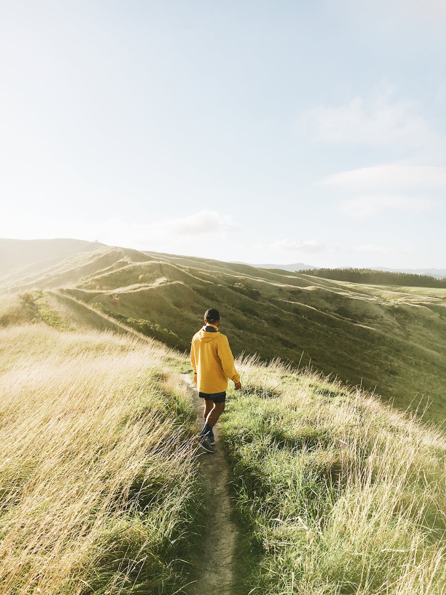 A man in a yellow jacket hikes along a grassy hill during a bright sunny day, capturing adventure and nature.