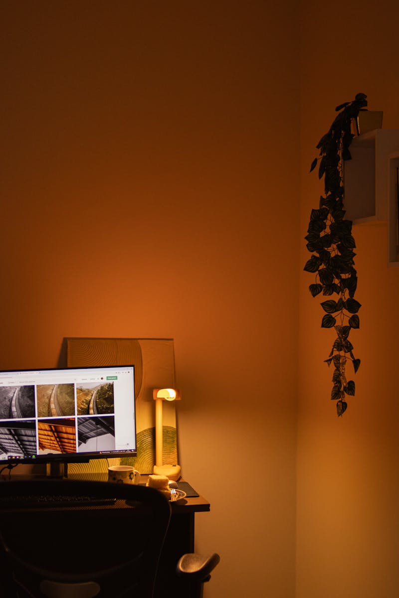 A warmly lit home office with a computer, lamp, and indoor plant in corner.